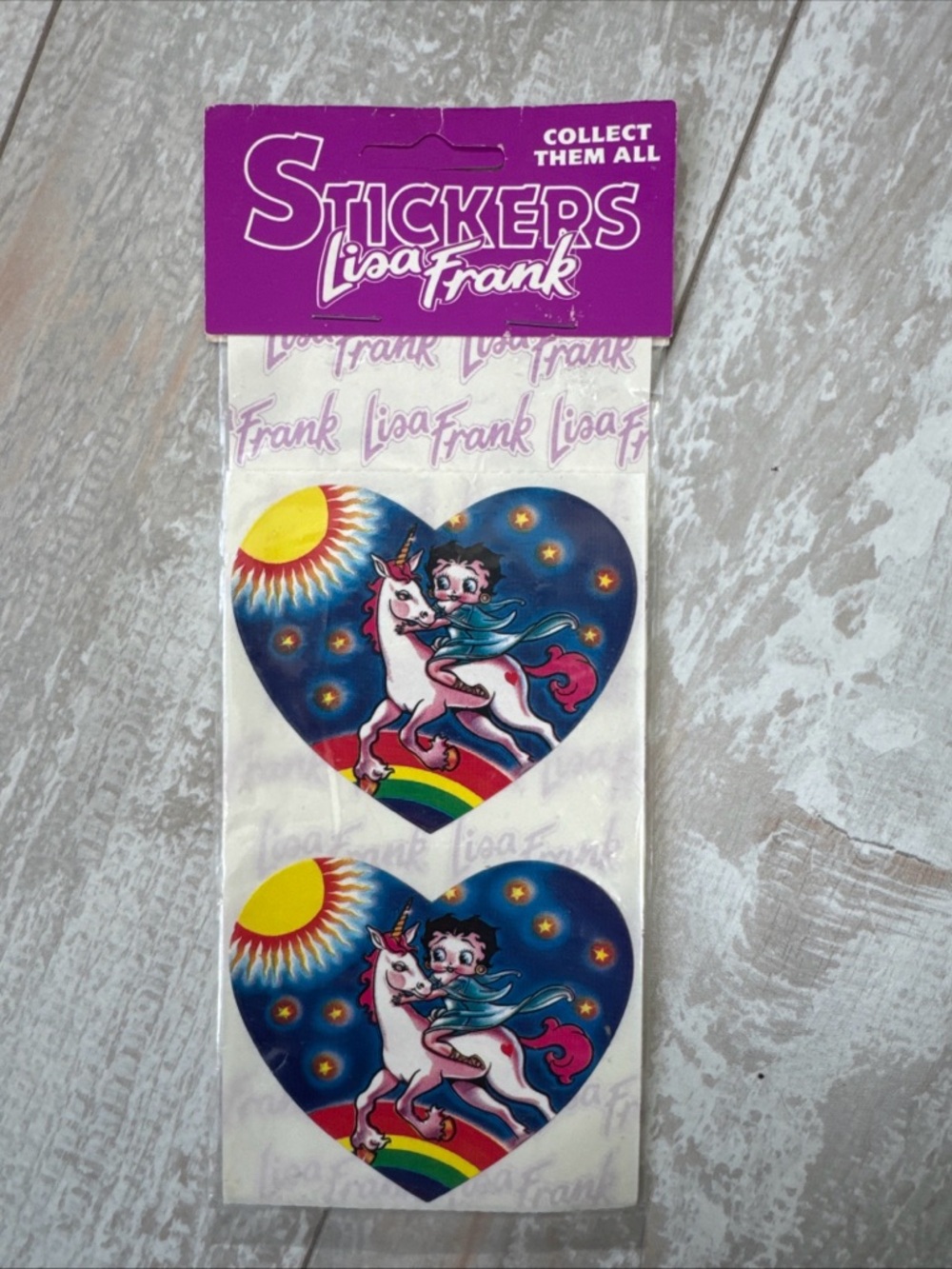 SEALED Vintage 1980s Lisa Frank Betty Boop Unicorn Heart-Shaped StickerS